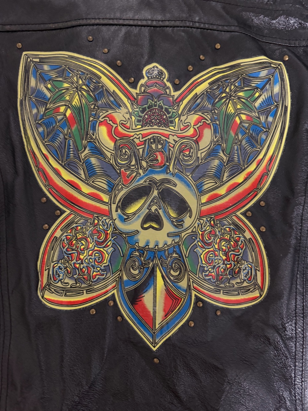 Wilsons Leather Black Leather Jacket with Multicolor Skull Motif